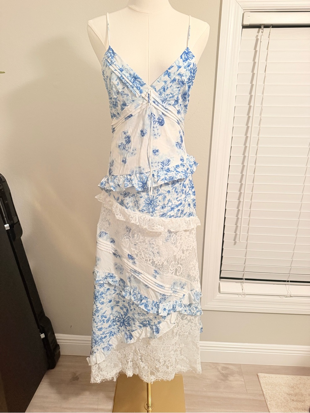 Blue and White Floral Lace Midi Dress